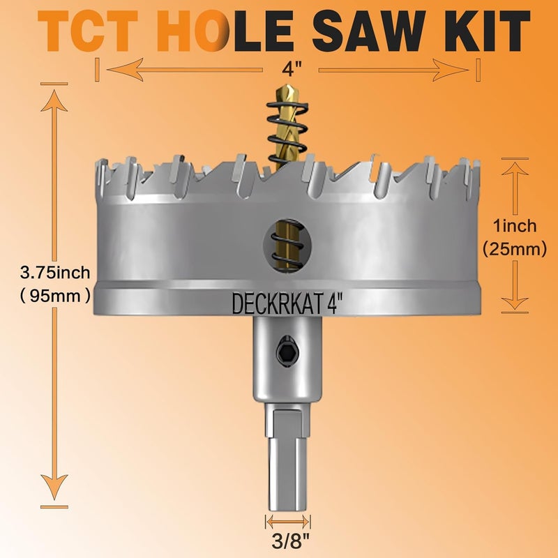 DECKRKAT 4" TCT Hole Saw for Hard Metal, Heavy Duty 100mm Tungsten Carbide Tipped Hole Cutter with Spring-Loaded Pilot Drill Bit for Stainless Steel, Metal, Iron, and Plastic - Image 2